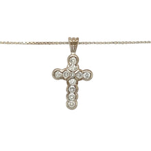 Load image into Gallery viewer, Preowned 18ct White Gold &amp; Diamond Set Cross Pendant on an 18&quot; box chain with the weight 4.90 grams. The pendant is 2.3cm long including the bail
