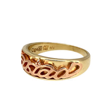 Load image into Gallery viewer, Preowned 9ct Yellow and Rose Gold Clogau Cariad Band Ring in size Q with the weight 4.80 grams. The front of the ring is 7mm wide
