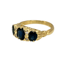 Load image into Gallery viewer, Preowned 18ct Yellow Gold Diamond &amp; Sapphire Set Vintage Style Ring in size M with the weight 5.30 grams. The sapphire stone is 6mm by 5mm
