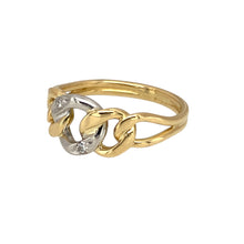 Load image into Gallery viewer, Preowned 9ct Yellow and White Gold &amp; Diamond Set Curb Link Ring in size N with the weight 3.80 grams. The front of the ring is 9mm high
