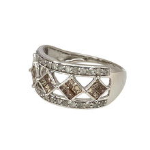 Load image into Gallery viewer, Preowned 9ct White Gold &amp; Diamond Set Patterned Wide Band Ring in size R to S with the weight 4.20 grams. The front of the ring is 11mm wide and the ring is made up of princess cut chocolate diamonds and brilliant cut white coloured diamonds
