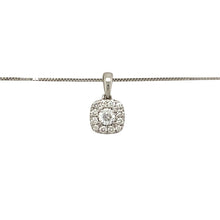 Load image into Gallery viewer, Preowned 9ct White Gold &amp; Diamond Set Halo Pendant on a 16&quot; box chain with the weight 1.40 grams. The pendant is 1.3cm long including the bail and there is approximately 0.25ct of diamond content in total
