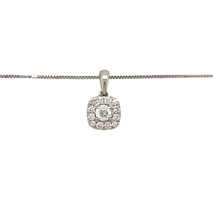 Preowned 9ct White Gold & Diamond Set Halo Pendant on a 16" box chain with the weight 1.40 grams. The pendant is 1.3cm long including the bail and there is approximately 0.25ct of diamond content in total