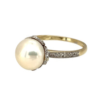 Load image into Gallery viewer, Preowned 9ct Yellow and White Gold Diamond &amp; Pearl Set Ring in size U with the weight 3.20 grams. The pearl stone is 11mm diameter
