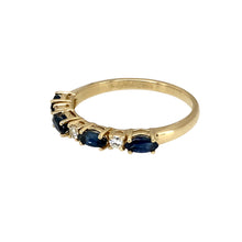 Load image into Gallery viewer, Preowned 9ct Yellow and White Gold Diamond &amp; Sapphire Set Band Ring in size M with the weight 1.70 grams. The sapphire stone is 4mm by 2mm
