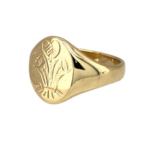 Load image into Gallery viewer, Preowned 9ct Yellow Gold Welsh Three Feathers Oval Signet Ring in size S with the weight 6.60 grams. The front of the ring is 15mm high
