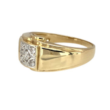 Load image into Gallery viewer, Preowned 9ct Yellow and White Gold &amp; Diamond Set Cluster Signet Ring in size T with the weight 4.50 grams. The front of the ring is 11mm high and there is approximately 0.23ct of diamond content in total
