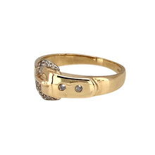 Load image into Gallery viewer, Preowned 9ct Yellow and White Gold &amp; Diamond Set Buckle Ring in size K to L with the weight 2.20 grams. The front of the buckle is 9mm high
