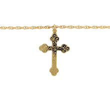 Load image into Gallery viewer, Preowned 9ct Yellow Gold Engraved Cross Pendant on a 16&quot; Prince of Wales chain with the weight 7.60 grams. The pendant is 3.6cm long including the bail
