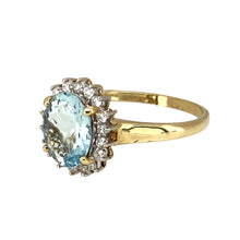 Load image into Gallery viewer, Preowned 9ct Yellow and White Gold Diamond &amp; Aquamarine Set Cluster Ring in size U to V with the weight 3 grams. The aqua stone is 10mm by 8mm
