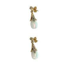 Load image into Gallery viewer, Preowned 9ct Yellow and White Gold Diamond &amp; Opalique Set Drop Earrings with the weight 2.70 grams. The opalique stones are each 11mm by 7mm
