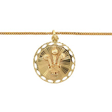 Load image into Gallery viewer, Preowned 9ct Yellow Gold Welsh Three Feather Disc Pendant on an 18&quot; curb chain with the weight 8.30 grams. The pendant is 3.5cm long including the bail
