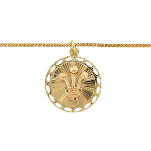 Preowned 9ct Yellow Gold Welsh Three Feather Disc Pendant on an 18" curb chain with the weight 8.30 grams. The pendant is 3.5cm long including the bail