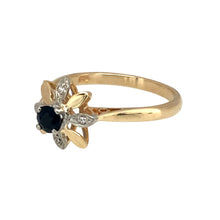 Load image into Gallery viewer, Preowned 9ct Yellow and White Gold Diamond &amp; Sapphire Set Flower Style Ring in size M with the weight 1.90 grams. The front of the ring is 10mm high and the sapphire stone is approximately 3.5mm diameter
