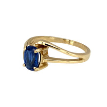 Load image into Gallery viewer, Preowned 9ct Yellow Gold &amp; Blue Stone Set Twist Ring in size N with the weight 2.70 grams. the blue sapphire coloured stone is 7mm by 5mm
