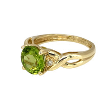 Load image into Gallery viewer, Preowned 9ct Yellow Gold Diamond &amp; Peridot Set Ring in size M with the weight 2.80 grams. The peridot stone is 8mm diameter
