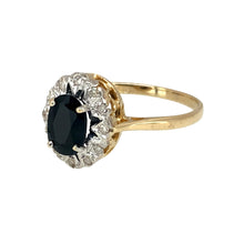 Load image into Gallery viewer, Preowned 9ct Yellow and White Gold Diamond &amp; Sapphire Set Cluster Ring in size N with the weight 1.90 grams. The sapphire stone is 7mm by 5mm
