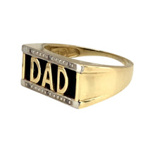 Load image into Gallery viewer, Preowned 9ct Yellow and White Gold Diamond &amp; Onyx Set Signet Dad Ring in size S with the weight 3.60 grams. The front of the ring is 10mm high
