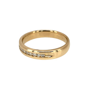 Preowned 14ct Yellow Gold & Diamond Set Band Ring in size M with the weight 3.50 grams. The front of the band is 4mm wide