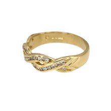 Load image into Gallery viewer, Preowned 9ct Yellow Gold &amp; Diamond Set Twist Band Ring in size L with the weight 2.30 grams. The front of the band is 5mm wide
