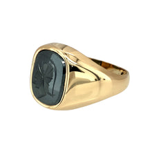 Load image into Gallery viewer, Preowned 9ct Yellow Gold &amp; Hematite Centurion Set Signet Ring in size P with the weight 6 grams. The front of the ring is 15mm high and the hematite stone is 12mm by 10mm
