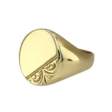 Load image into Gallery viewer, Preowned 9ct Yellow Gold Oval Patterned Signet Ring in size W with the weight 7.50 grams. The front of the ring is 18mm high
