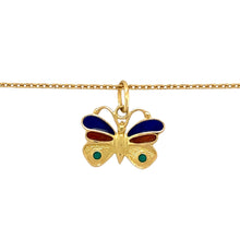 Load image into Gallery viewer, Preowned 18ct Yellow Gold Enamelled Butterfly Pendant on an 18&quot; faceted belcher chain with the weight 5.80 grams. The pendant is 2cm long including the bail
