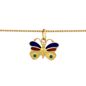 Preowned 18ct Yellow Gold Enamelled Butterfly Pendant on an 18" faceted belcher chain with the weight 5.80 grams. The pendant is 2cm long including the bail