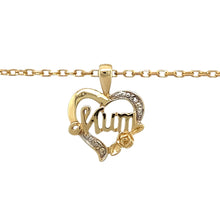 Load image into Gallery viewer, Preowned 9ct Yellow and White Gold &amp; Diamond Set Mum Heart Pendant on an 18&quot; belcher chain with the weight 4.10 grams. The pendant is 2cm long including the bail
