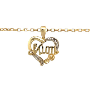 Preowned 9ct Yellow and White Gold & Diamond Set Mum Heart Pendant on an 18" belcher chain with the weight 4.10 grams. The pendant is 2cm long including the bail