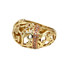 Load image into Gallery viewer, Preowned 9ct Yellow and Rose Gold &amp; Diamond Set Clogau Set Rounded Vine Wide Band Ring in size K with the weight 8.50 grams. The front of the band is 14mm wide
