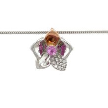 Load image into Gallery viewer, Preowned 925 Silver and 9ct Clogau Rose Gold &amp; White and Pink Topaz Set Clogau Orchid Pendant on an 18&quot; Clogau curb chain with the weight 4.80 grams. The pendant is 1.8cm long and the pink topaz stone is 4mm diameter
