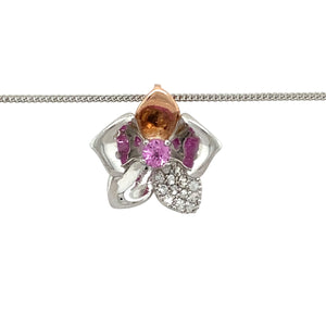 Preowned 925 Silver and 9ct Clogau Rose Gold & White and Pink Topaz Set Clogau Orchid Pendant on an 18" Clogau curb chain with the weight 4.80 grams. The pendant is 1.8cm long and the pink topaz stone is 4mm diameter