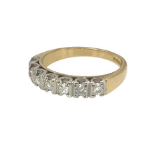 Load image into Gallery viewer, Preowned 9ct Yellow and White Gold &amp; Diamond Set Band Ring in size O with the weight 3.30 grams. The front of the ring is 4mm wide and there is approximately 0.21ct of diamond content in total
