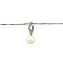 Load image into Gallery viewer, Preowned 9ct White Gold Diamond &amp; Pearl Set Pendant on an 18&quot; curb chain with the weight 1.80 grams. The pendant is 1.8cm long and the pearl is 7mm diameter
