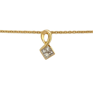 Preowned 18ct Yellow and White Gold & Diamond Set Pendant on a 16" facted belcher chain with the weight 6 grams. The pendant is made up of four princess cut diamond set together to give an impression of a larger stone and the pendant is 1.5cm long including the bail