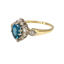 Load image into Gallery viewer, Preowned 9ct Yellow and White Gold Diamond &amp; Blue Topaz Set Cluster Ring in size O with the weight 2.40 grams. The topaz stone is 7mm by 5mm
