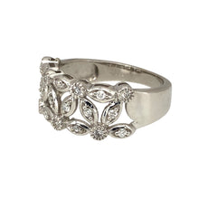 Load image into Gallery viewer, Preowned 9ct White Gold &amp; Diamond Set Open Patterned Band Ring in size N with the weight 4.70 grams. The front of the band is 9mm wide
