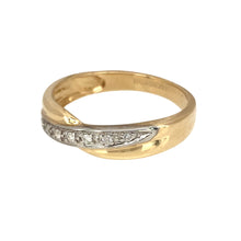 Load image into Gallery viewer, Preowned 9ct Yellow and White Gold &amp; Diamond Set Crossover Band Ring in size O with the weight 2.40 grams. The front of the band is approximately 4mm wide
