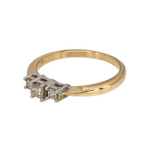 Load image into Gallery viewer, Preowned 9ct Yellow and White Gold &amp; Diamond Set Trilogy Ring in size O with the weight 2.20 grams. The diamonds are princess cut and there is approximately 0.30ct of diamond content
