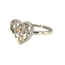 Load image into Gallery viewer, Preowned 925 Silver Clogau with 9ct Rose Gold Clogau Honey Comb Bee Heart Ring in size Q with the weight 3.40 grams. The front of the ring is 13mm high
