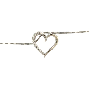 Preowned 9ct White Gold & Diamond Set Open Heart Pendant on an 18" fine curb chain with the weight 1.60 grams. The pendant is 1.4cm long