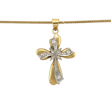 Load image into Gallery viewer, Preowned 18ct Yellow and White Gold &amp; Diamond Set Cross Pendant on an adjustable 18&quot; - 20&quot; curb chain with the weight 5.50 grams. The pendant is 3.1cm long including the bail
