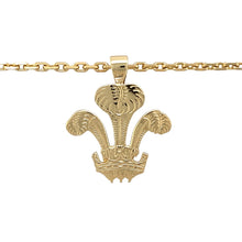 Load image into Gallery viewer, Preowned 9ct Yellow Gold Welsh Three Feather Pendant on a 20&quot; faceted belcher chain with the weight 12.80 grams. The pendant is 3cm long including the bail
