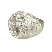 Load image into Gallery viewer, New 925 Silver Horse Horseshoe Ring in size Z with the approximate weight 27 grams. The front of the ring is 2.3cm high
