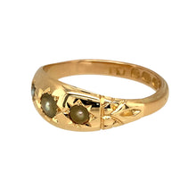 Load image into Gallery viewer, Preowned 18ct Yellow Gold &amp; Seed Pearl Set Vintage Style Ring in size Q with the weight 5.20 grams. The front of the ring is 7mm wide and the center pearl stone is 4mm diameter
