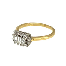 Load image into Gallery viewer, Preowned 9ct Yellow and White Gold &amp; Diamond Set Cluster Ring in size M with the weight 2.30 grams. The front of the ring is 6mm high and there is approximately 0.25ct of diamond content in total
