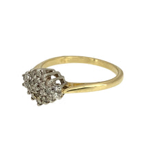 Load image into Gallery viewer, Preowned 9ct Yellow and White Gold &amp; Diamond Set Cluster Ring in size M with the weight 2.30 grams. The front of the ring is 8mm high and there is approximately 0.25ct of diamond content in total
