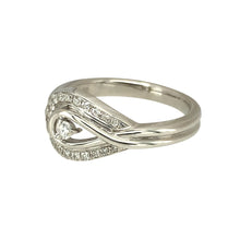 Load image into Gallery viewer, Preowned 9ct White Gold &amp; Diamond Set Loop Ring in size M to N with the weight 4.20 grams. The front of the ring is 10mm high and there is approximately 0.20ct of diamond content in total
