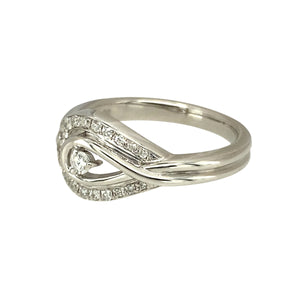 Preowned 9ct White Gold & Diamond Set Loop Ring in size M to N with the weight 4.20 grams. The front of the ring is 10mm high and there is approximately 0.20ct of diamond content in total